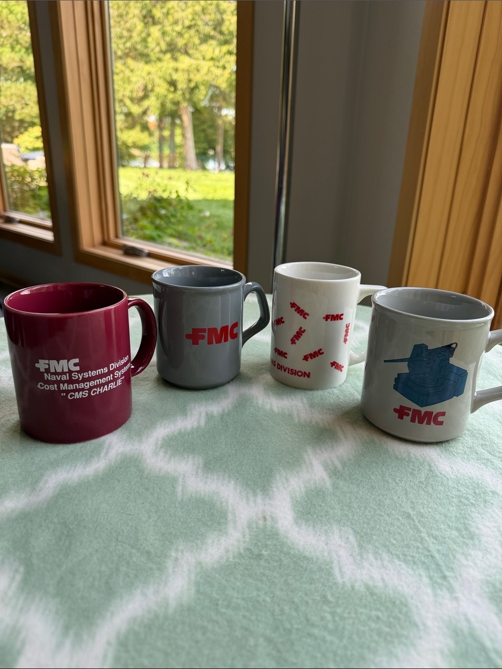 Vintage FMC Brand Military Theme Promotional Ceramic Mugs -  Maroon, Gray, White